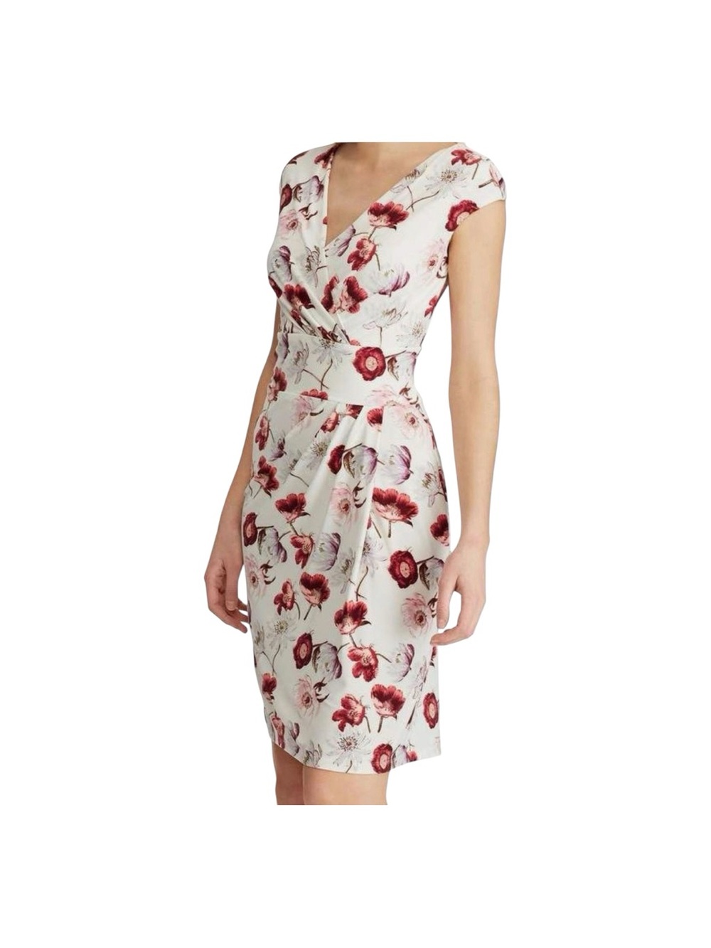 Chaps Ivory Burgundy Floral Print Cap Sleeves Pleated Waist V-Neck Midi Dress L